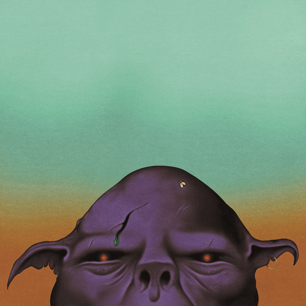 The top half of an orc's face glares at you. Above him, a pale green sky looms turns to orange on the horizon. Cover art for the album "Orc" by the band Oh Sees.