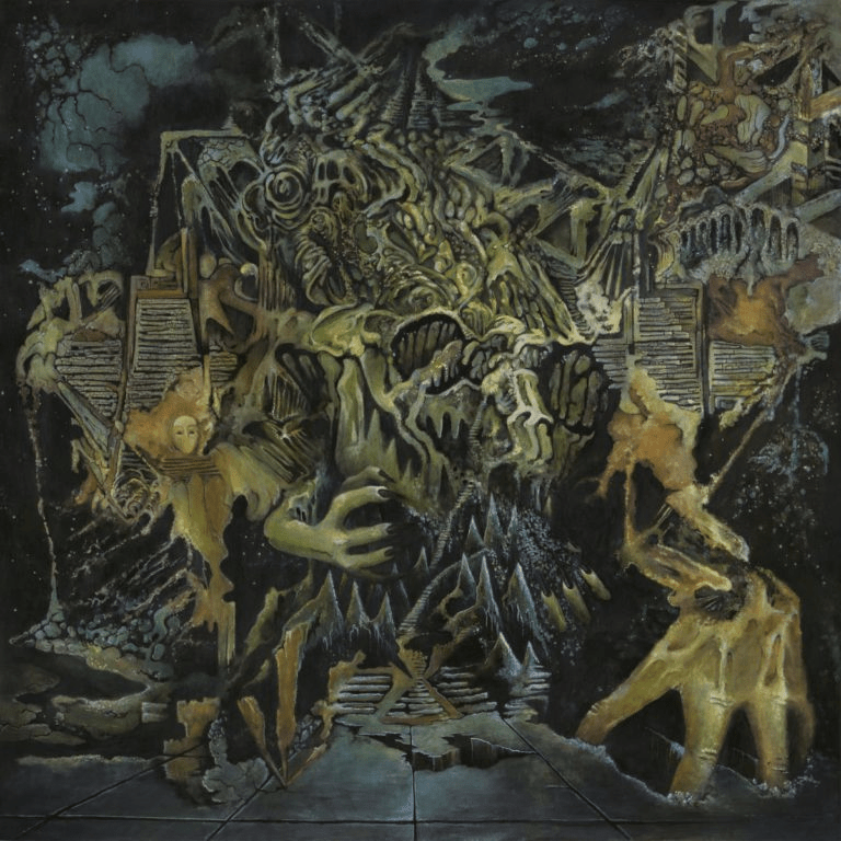 A vomit-monster devours the cosmos. The cover of the album "Murder of the Universe" by psychedelic rock band King Gizzard and the Lizard Wizard.